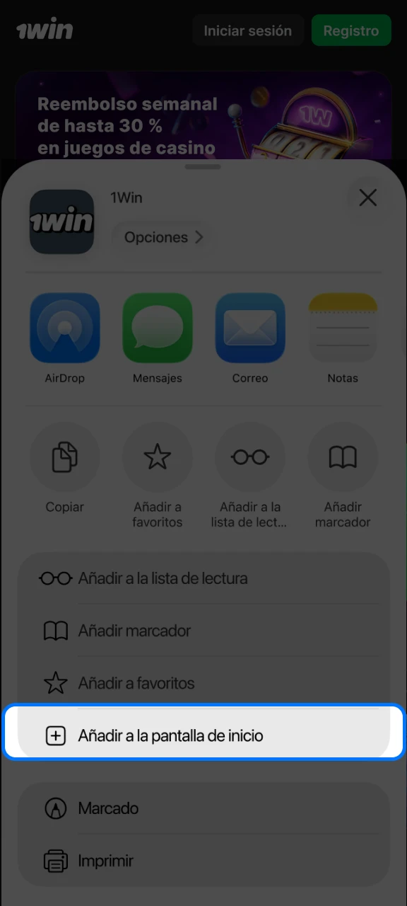 Selecciona la opción Añadir a la pantalla de inicio para obtener el acceso directo a 1win.