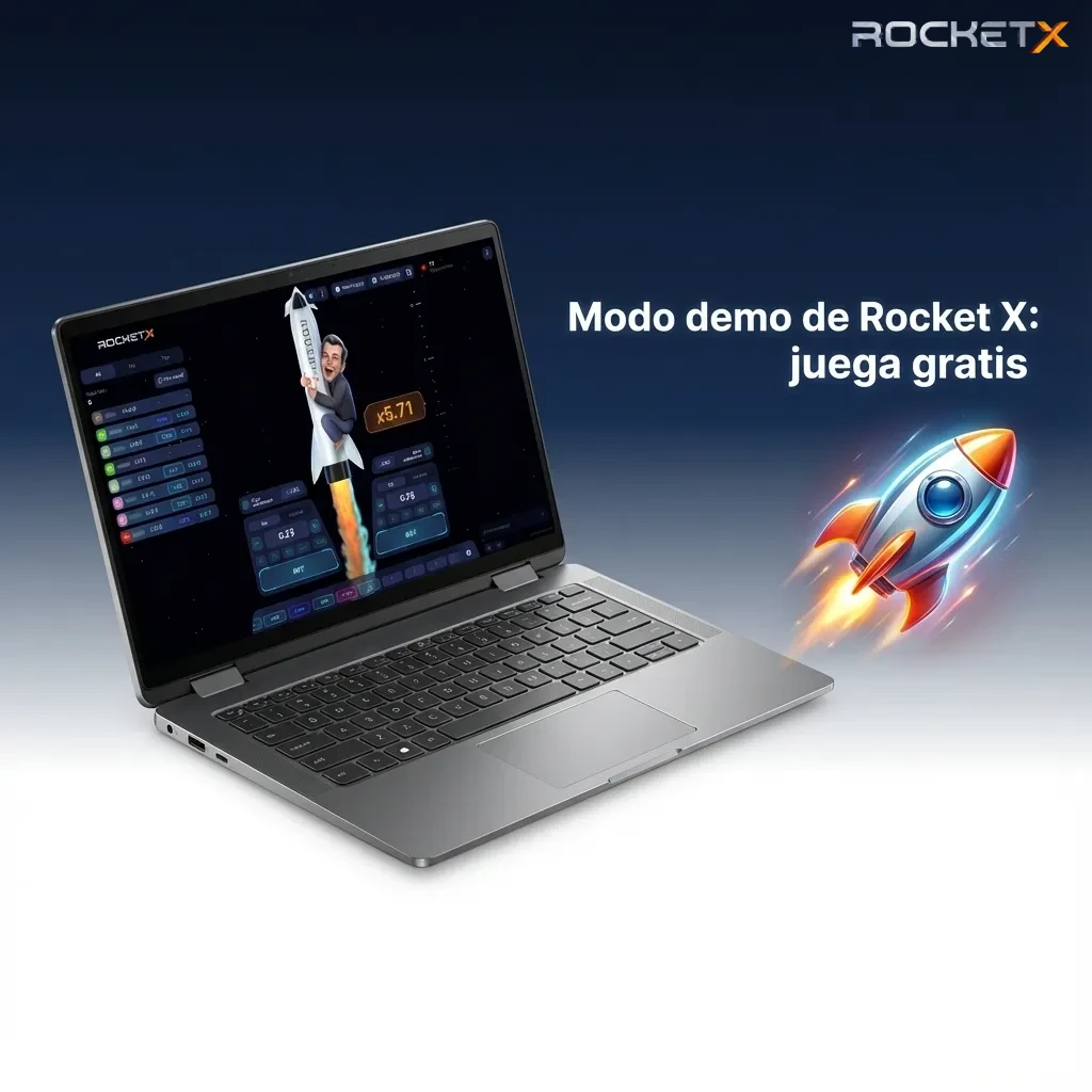 Interfaz de Rocket X en modo demo gratis, con multiplicador en aumento y saldo virtual, sin retiros ni promos.