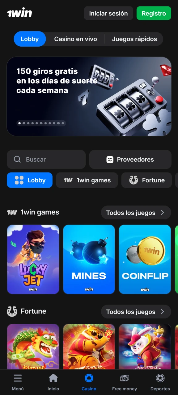 Juega a una amplia variedad de juegos de casino en la aplicación 1win.