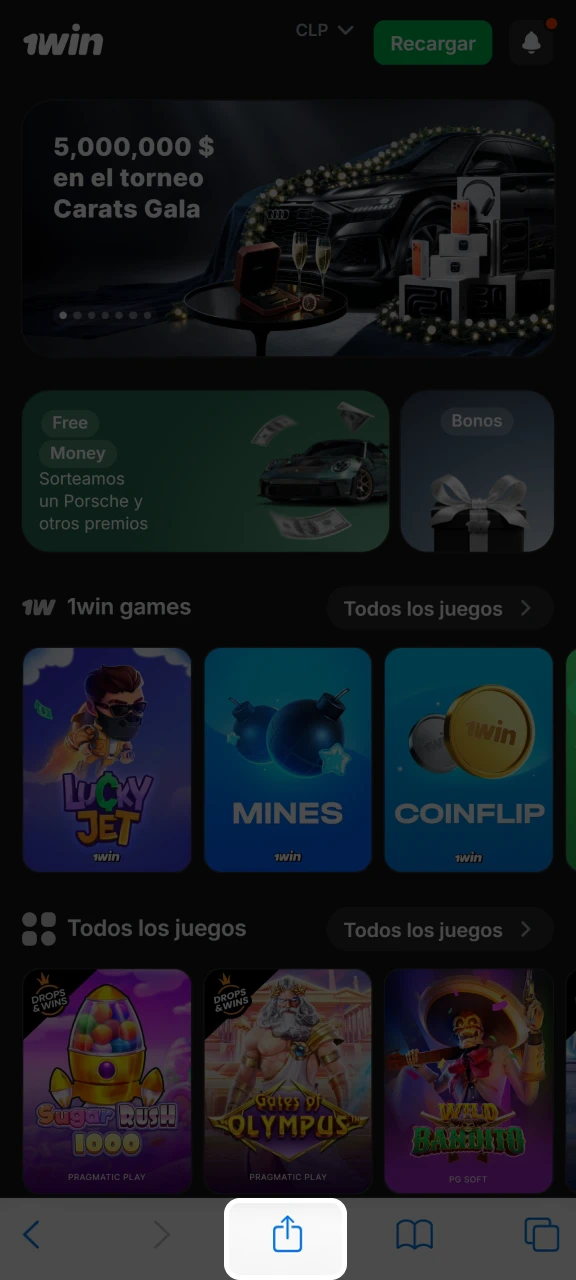 Pulsa Compartir para abrir el menú del navegador y añadir el acceso directo a 1win.