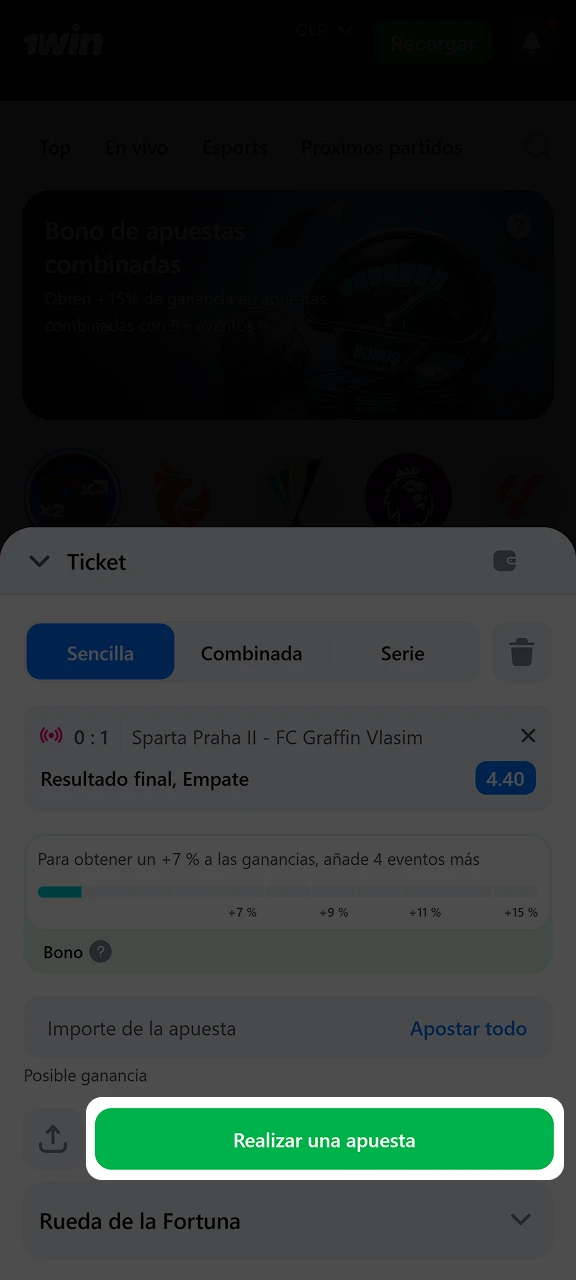 Haga clic en el botón Realizar apuesta para confirmar su apuesta en 1win.