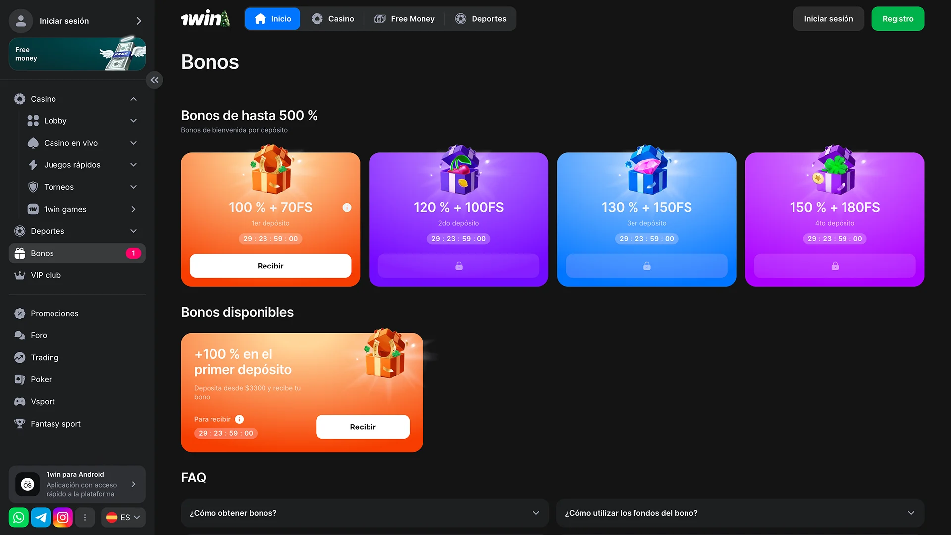 Bonos del casino 1win.