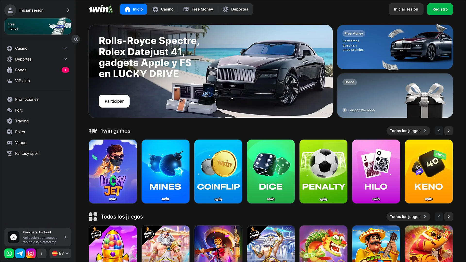 Página de inicio del sitio web 1win.