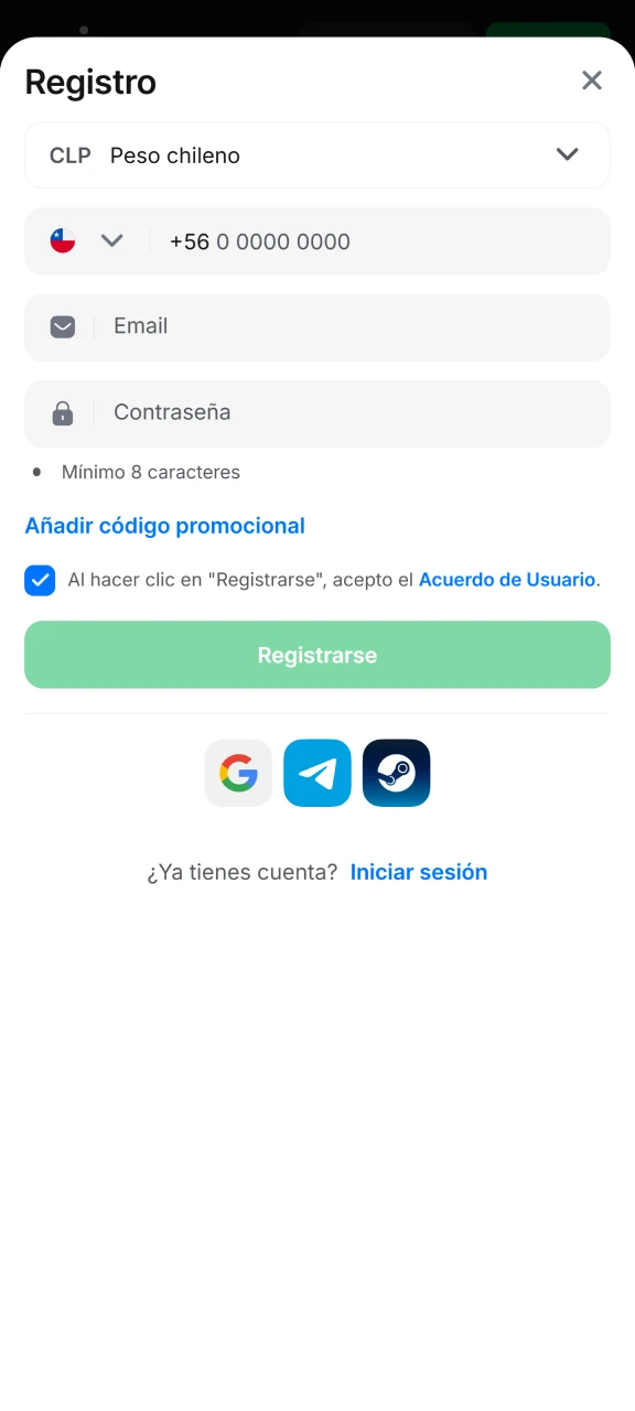 Elija un método de registro disponible en 1win.