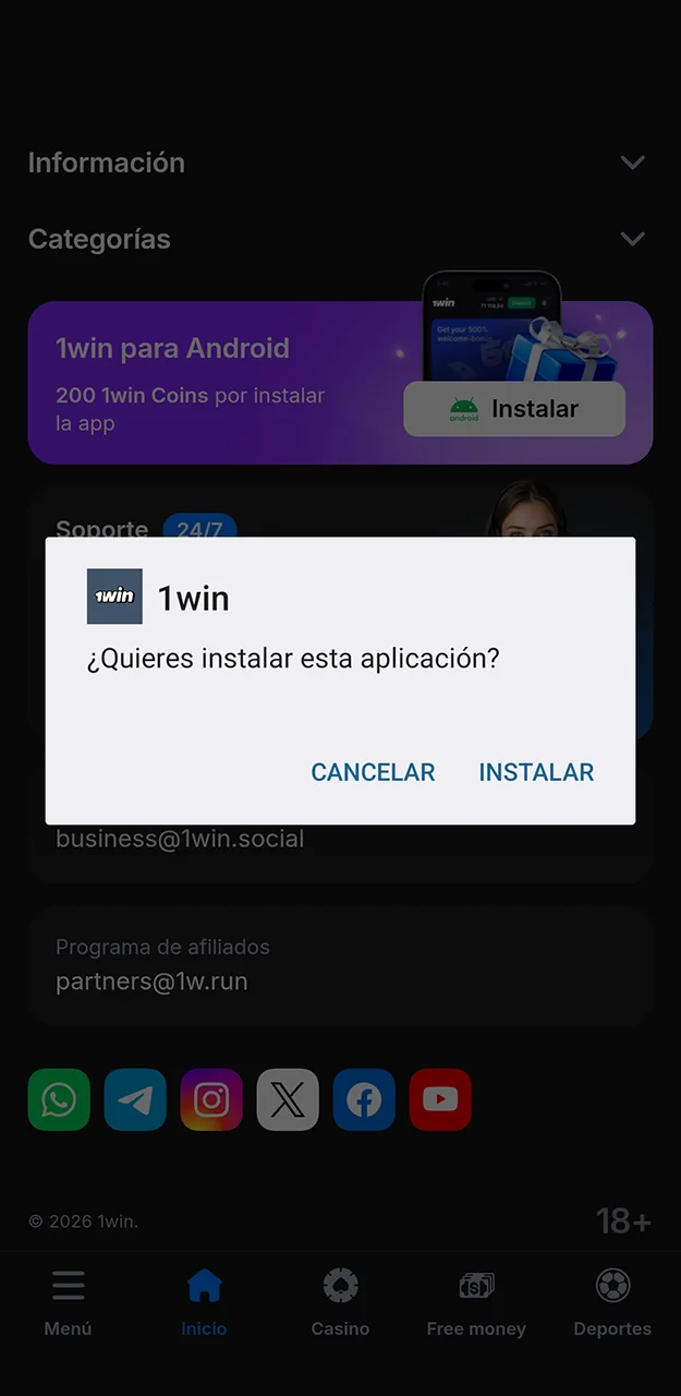 Confirma la instalación de la aplicación 1win y espera a que finalice.