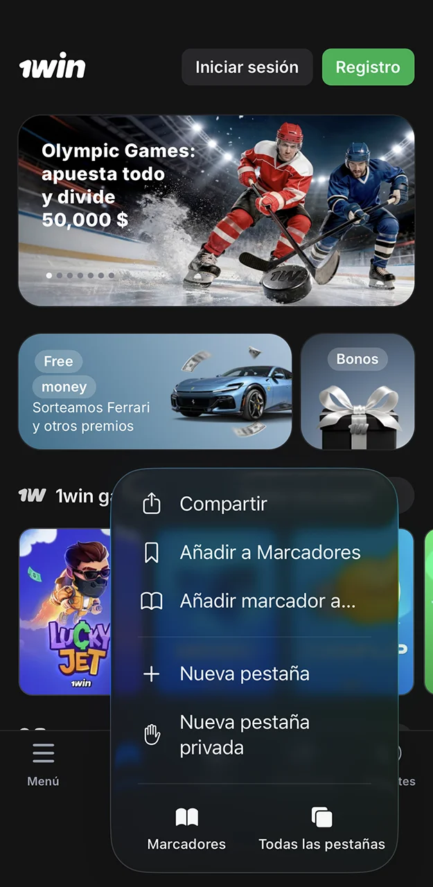 Abre el menú Safari y comienza la instalación de la aplicación 1win.
