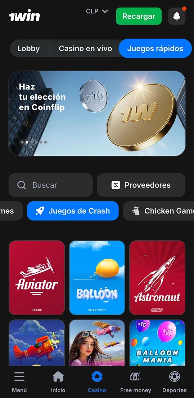 Utiliza la búsqueda rápida de 1win para encontrar el juego Aviator.