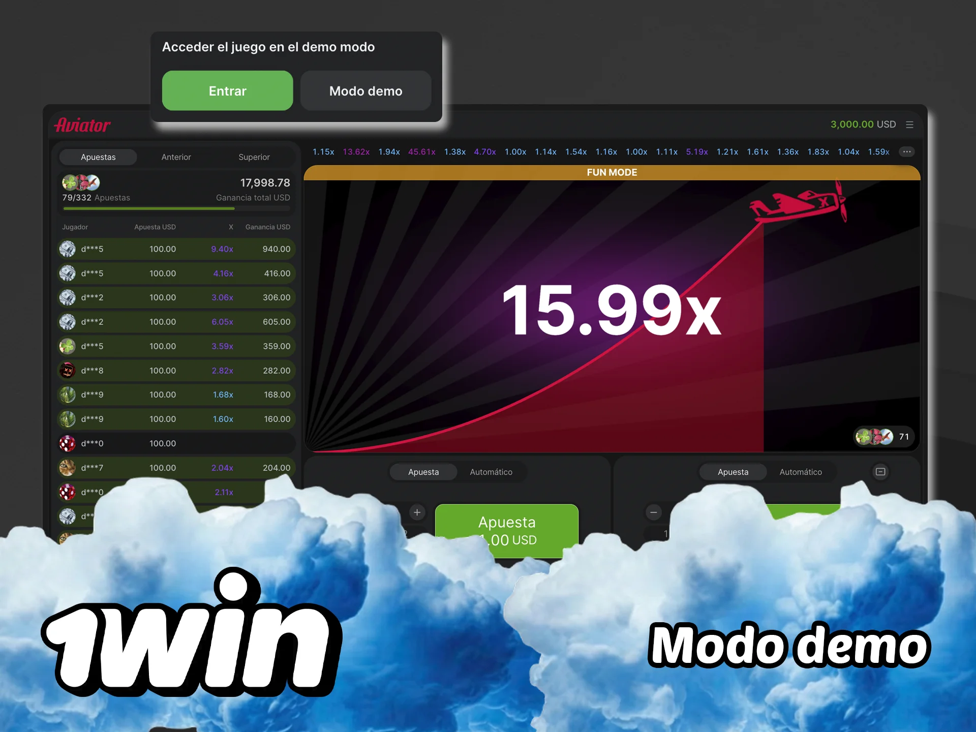 Adquiera experiencia y confianza en el modo demo del juego Aviator del casino 1win.