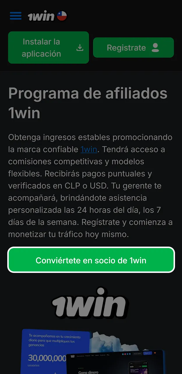 Regístrate como socio publicitario completando el formulario de afiliación en 1win.