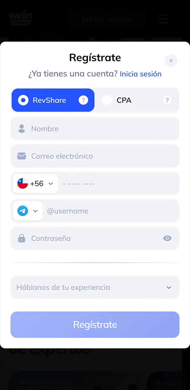 Valida tu información de contacto para activar tu perfil de colaborador en 1win.