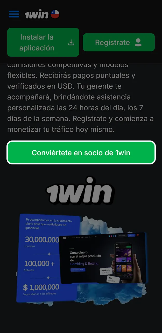 Regístrate como socio publicitario completando el formulario de afiliación en 1win.