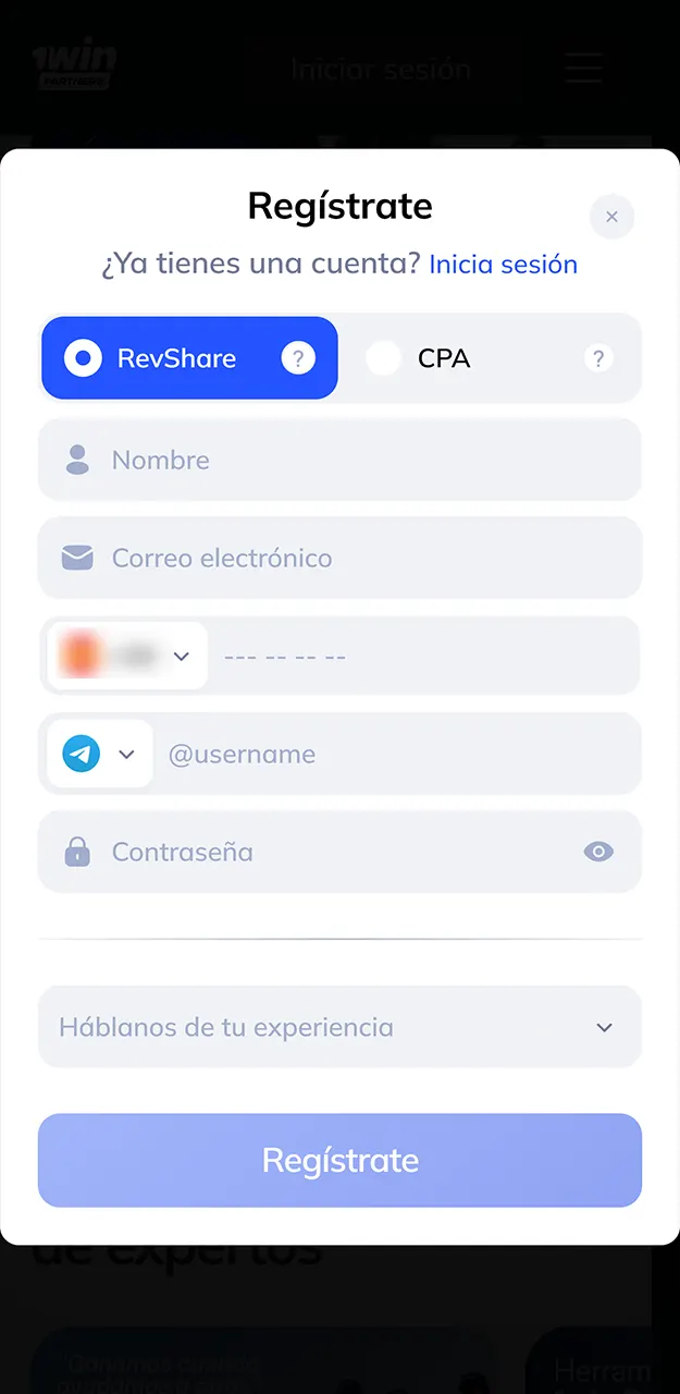 Valida tu información de contacto para activar tu perfil de colaborador en 1win.
