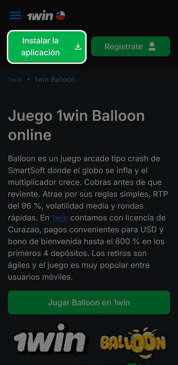 Inicia la bajada del archivo para instalar la app y jugar a Balloon en 1win.
