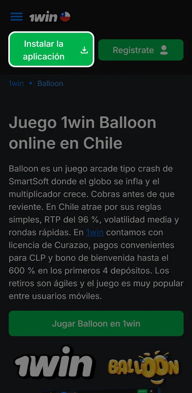 Inicia la bajada del archivo para instalar la app y jugar a Balloon en 1win.