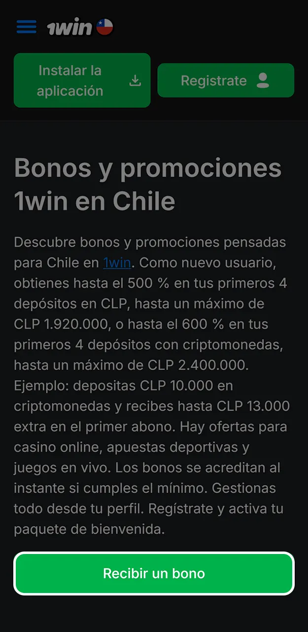 Regístrate y obtén un bono en 1win.