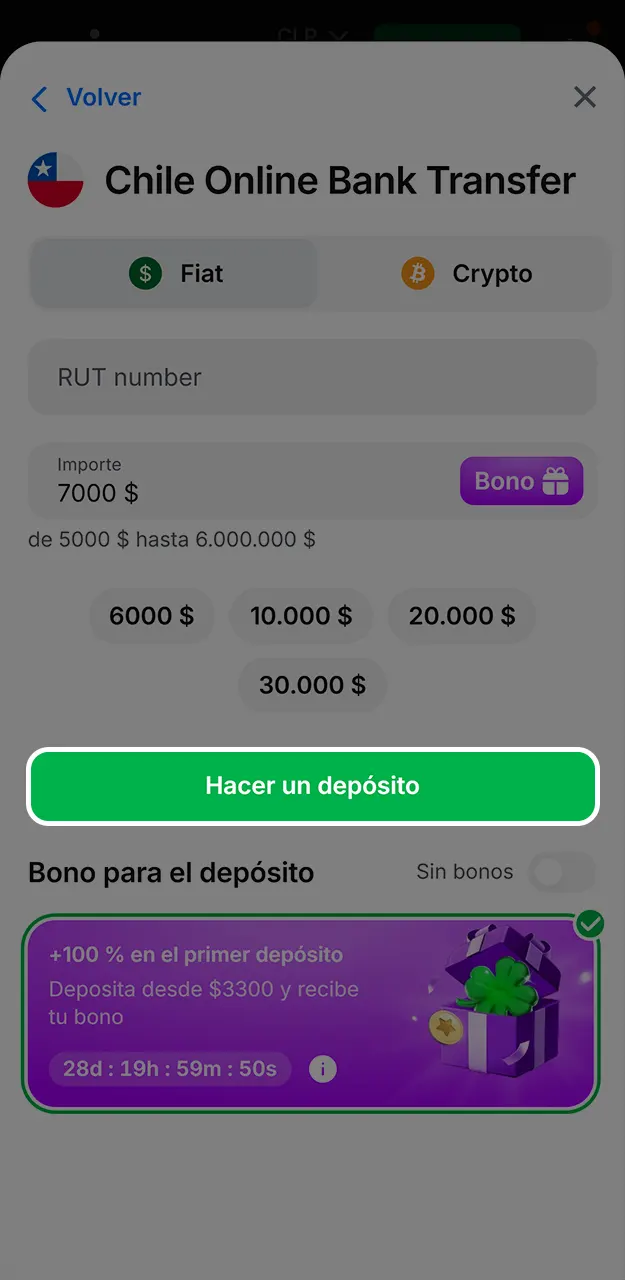 Finaliza el proceso de depósito para recibir el beneficio del código de bono en 1win