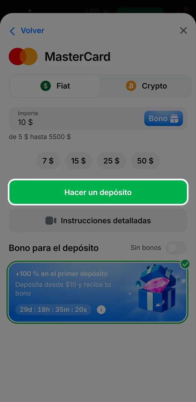 Finaliza el proceso de depósito para recibir el beneficio del código de bono en 1win