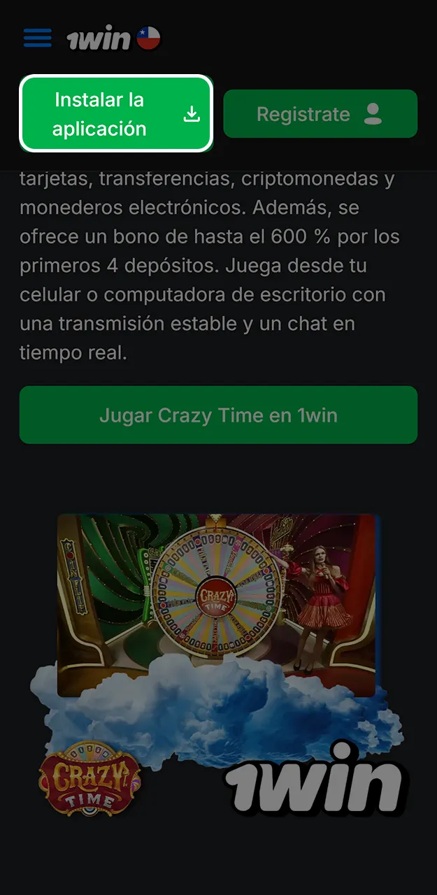 Inicia la bajada del archivo para instalar la app y jugar a Crazy Time en 1win.