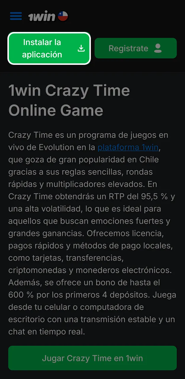 Inicia la bajada del archivo para instalar la app y jugar a Crazy Time en 1win.