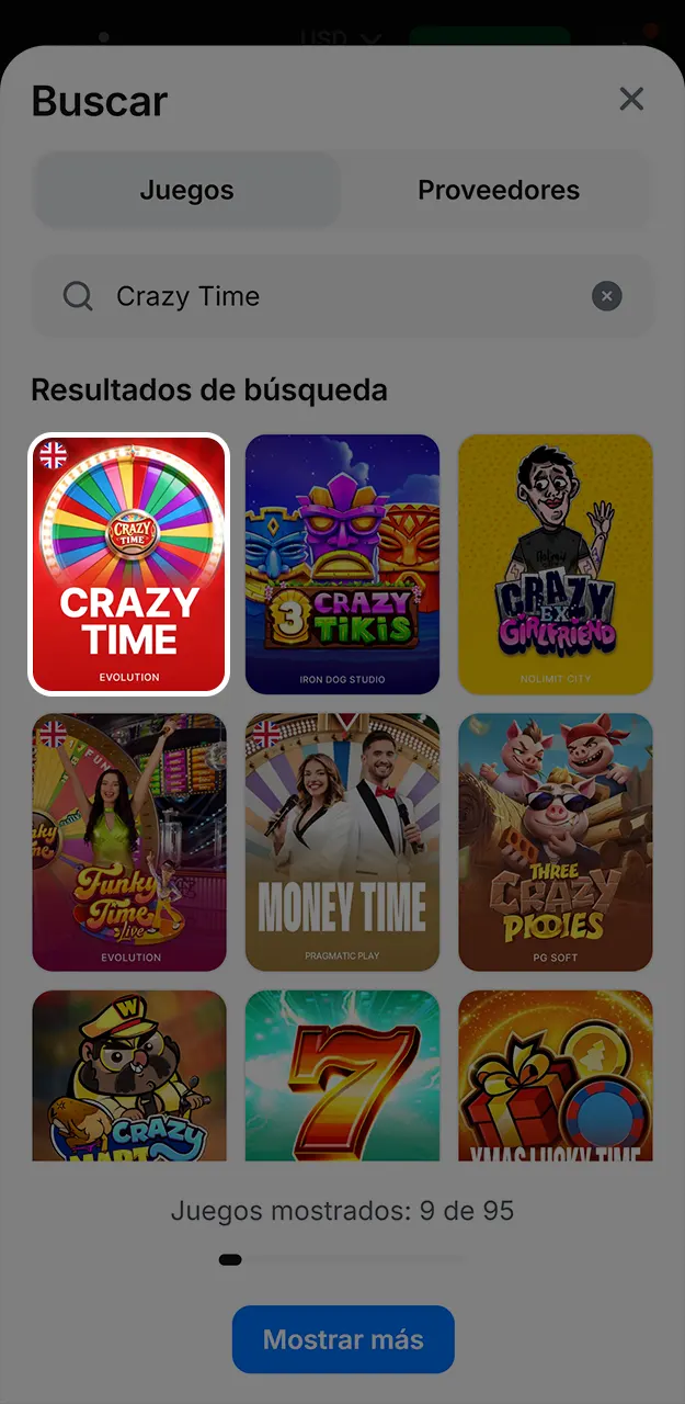 Busca el juego Crazy Time en la página web oficial de 1win.