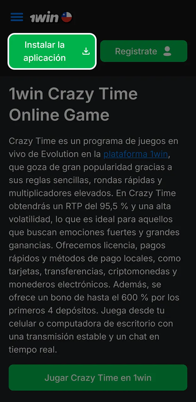 Regístrate para jugar a Crazy Time en 1win.
