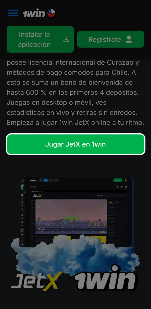 Abre los ajustes para guardar un acceso directo a JetX en 1win.