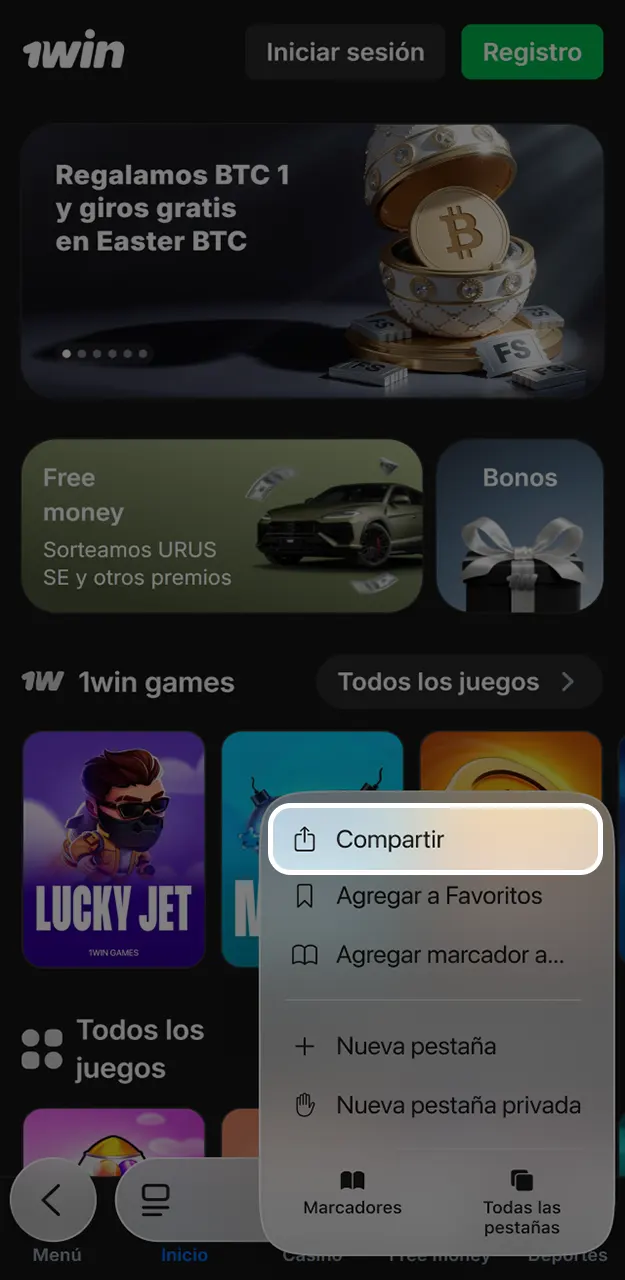 Abre los ajustes para guardar un acceso directo a JetX en 1win.
