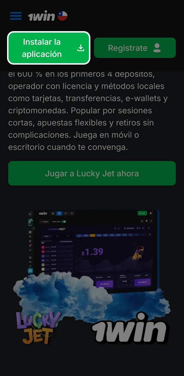 Descarga la aplicación oficial de 1win para acceder al juego Lucky Jet.
