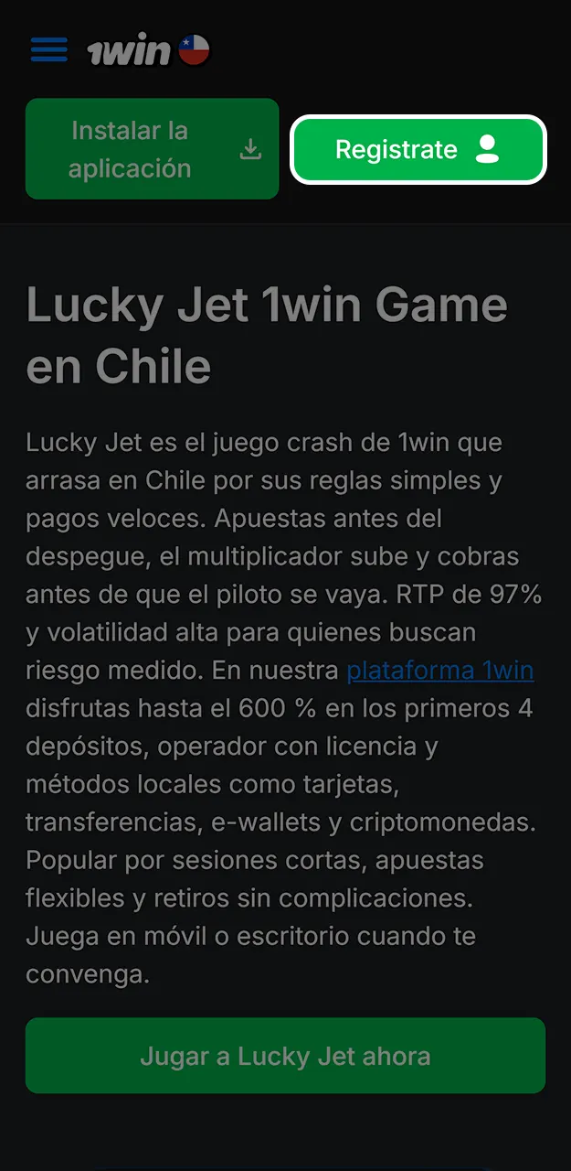 Regístrate en 1win para jugar a Lucky Jet.
