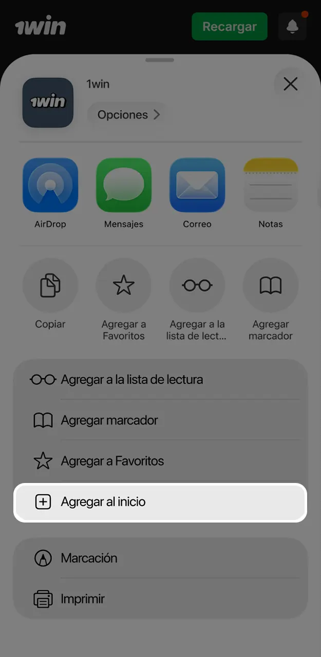 Crea el icono de acceso directo en tu menú principal para abrir Lucky Jet en 1win.
