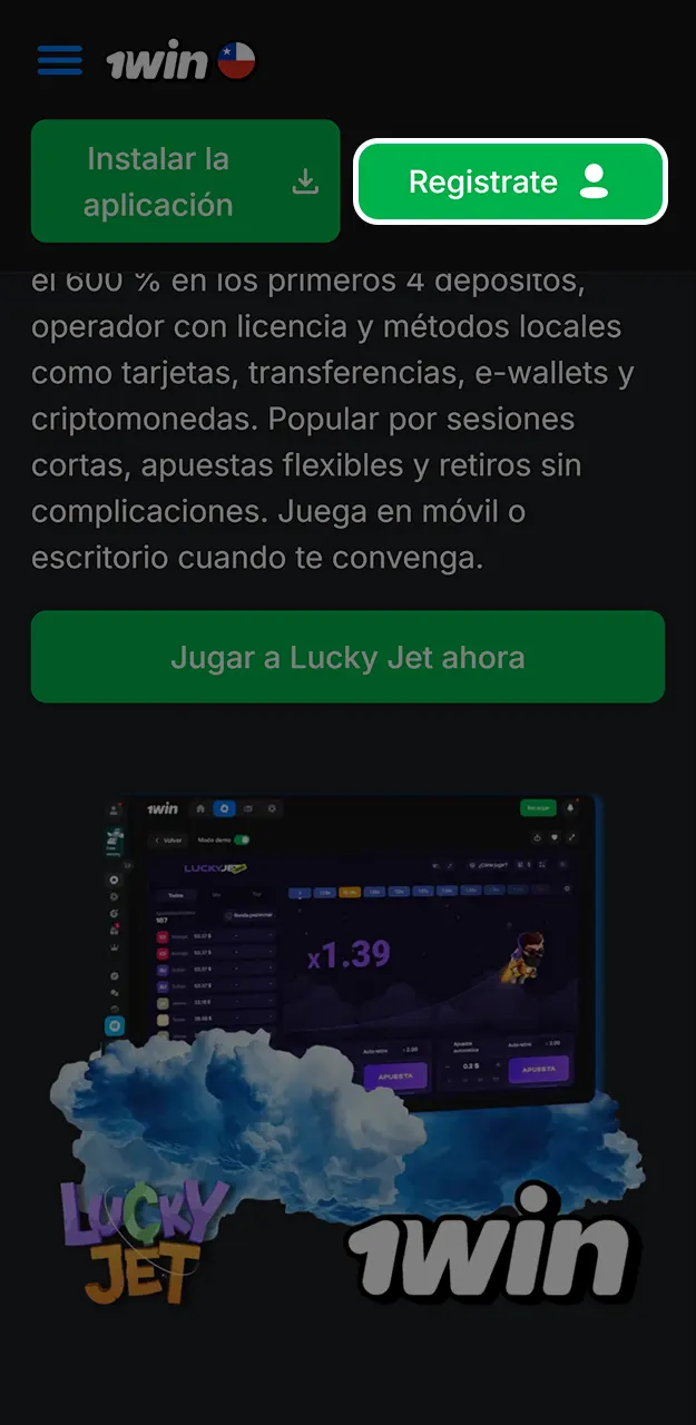 Regístrate en 1win para jugar a Lucky Jet.