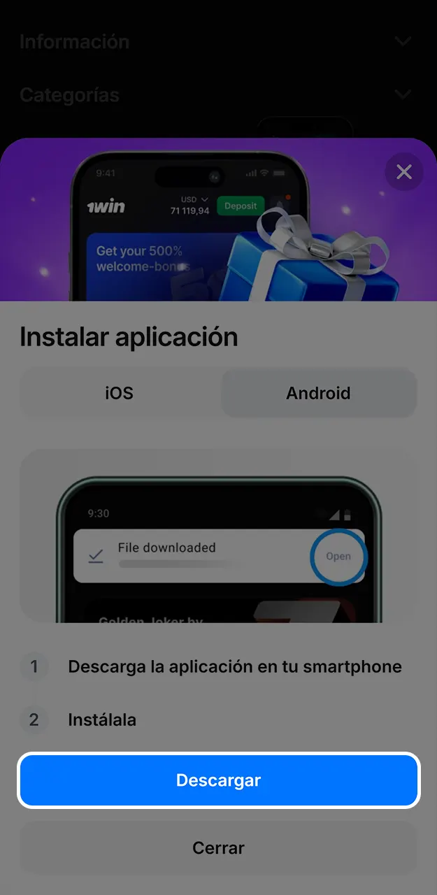 Inicia la bajada del archivo para instalar la app y jugar a Mines en 1win.