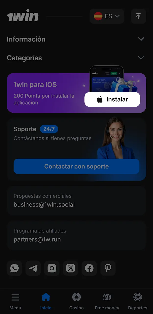 Sigue las instrucciones para descargar Mines en 1win.