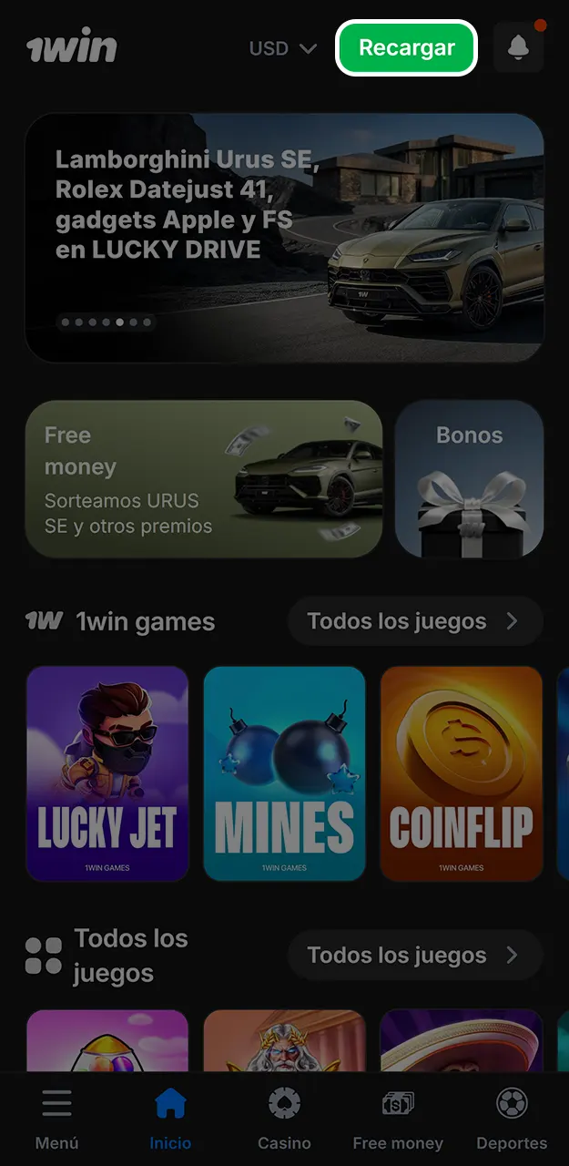 Recarga tu saldo de juego para empezar a apostar en Mines con 1win.