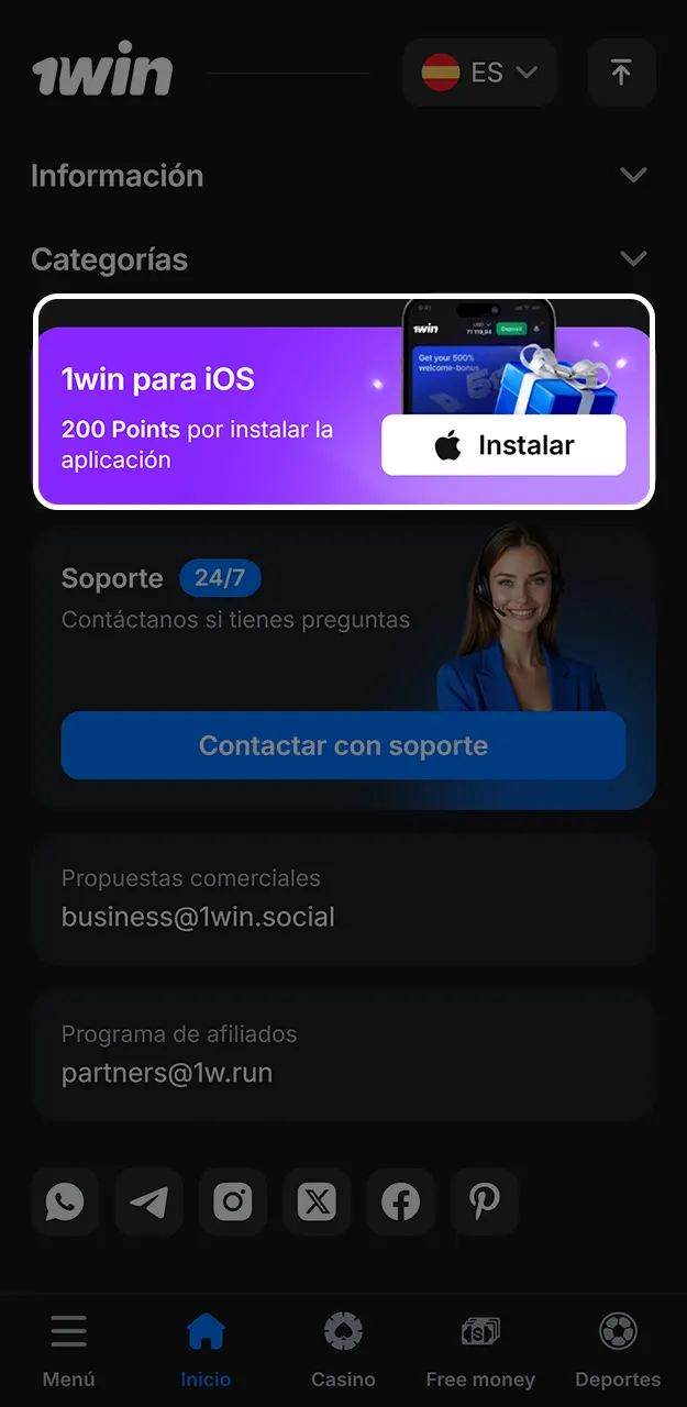 Descarga la aplicación 1win para iOS para jugar al Plinko.