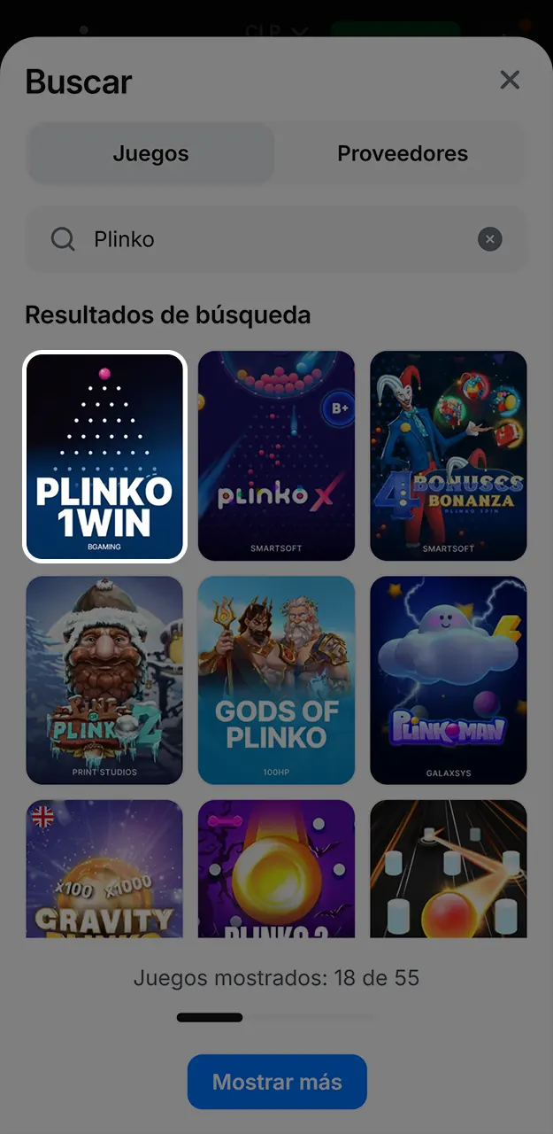 Accede al juego Plinko en la aplicación 1win.