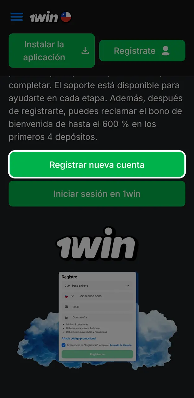 Abre el formulario de registro de 1win haciendo clic en el botón Registrarse.