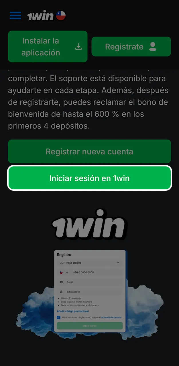 Abre el formulario de inicio de sesión de 1win haciendo clic en el botón Iniciar sesión.