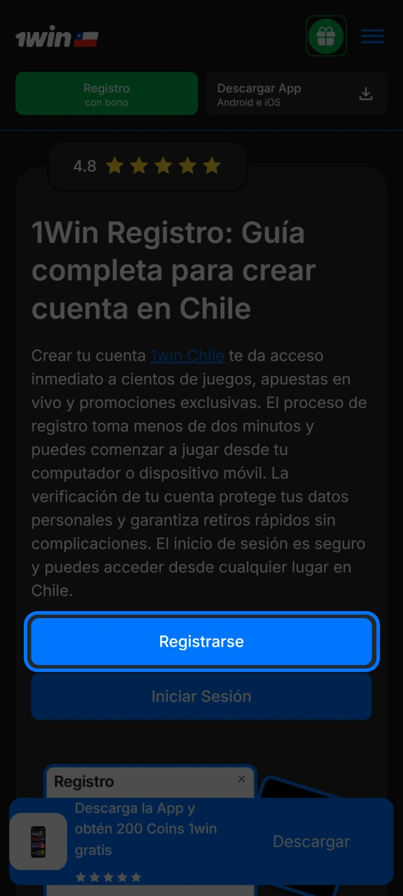 Haz clic en el botón de registro para abrir la página web de 1win.