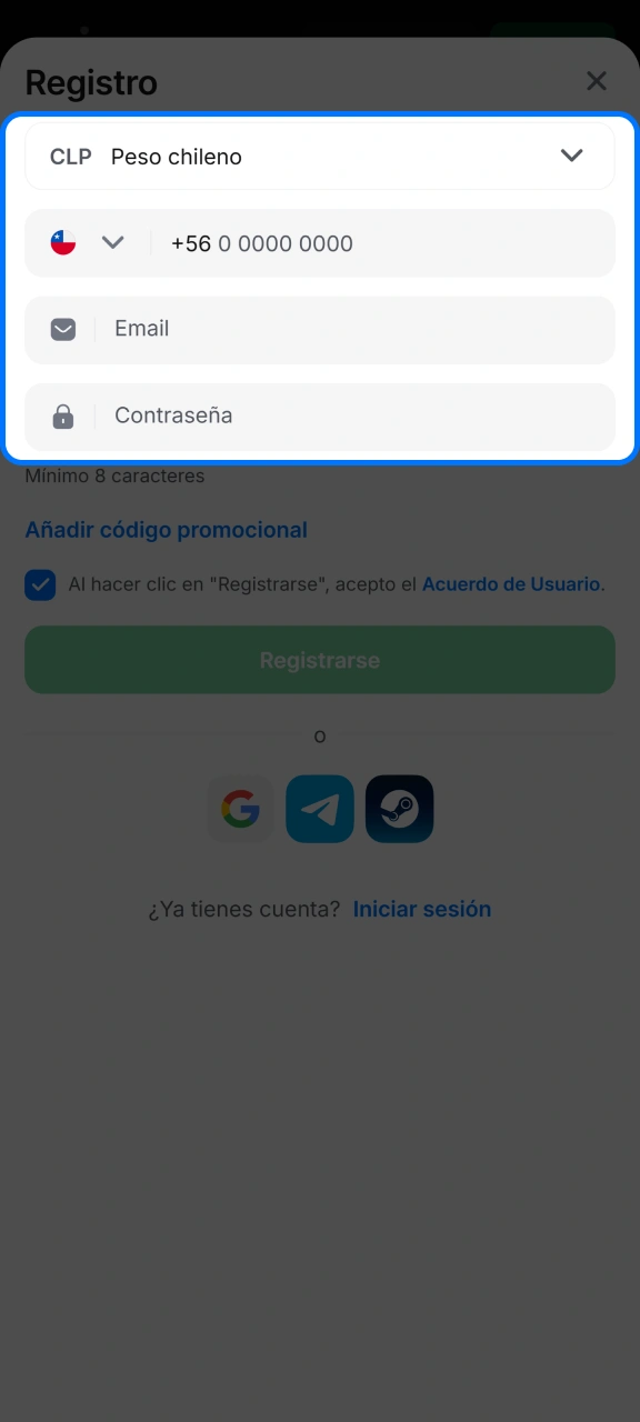 Introduce tu número de teléfono, correo electrónico y contraseña para registrarte en 1win.