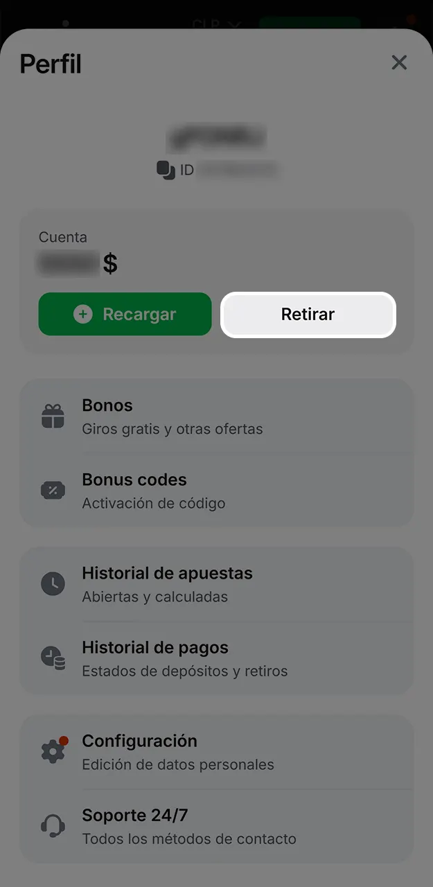 Dirígete a la sección de transacciones y elige la opción de salida de dinero en 1win.