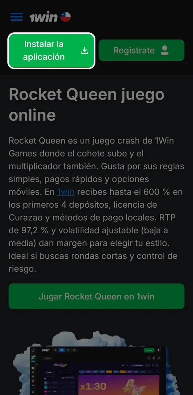 Empieza a instalar Rocket Queen de 1win en tu teléfono.