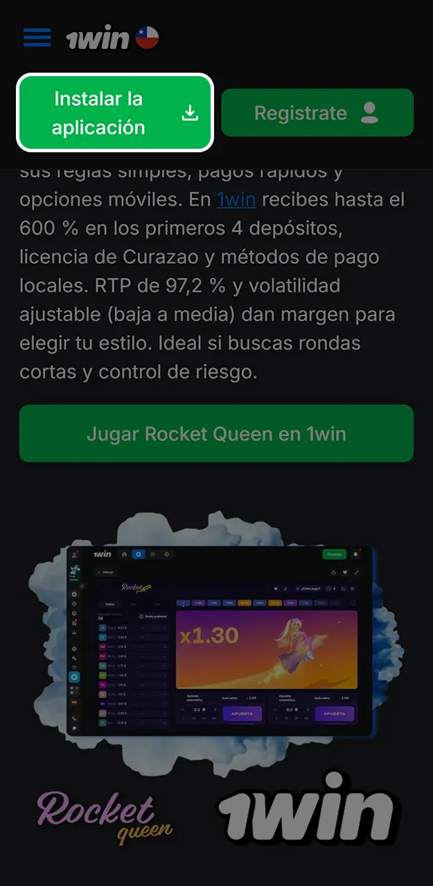 Empieza a instalar Rocket Queen de 1win en tu teléfono.