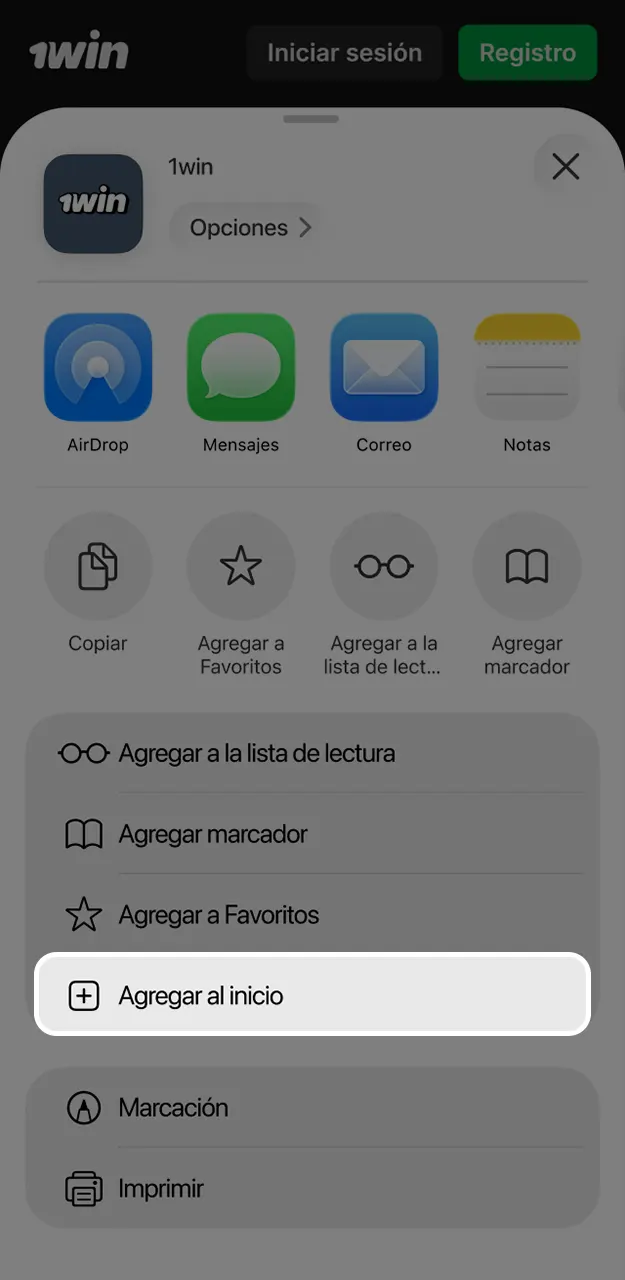 Genera el icono de acceso rápido en tu menú para abrir directamente Rocket Queen en 1win.