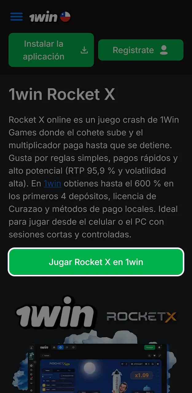 Descarga la aplicación gratuita para acceder rápidamente a Rocket X en 1win.