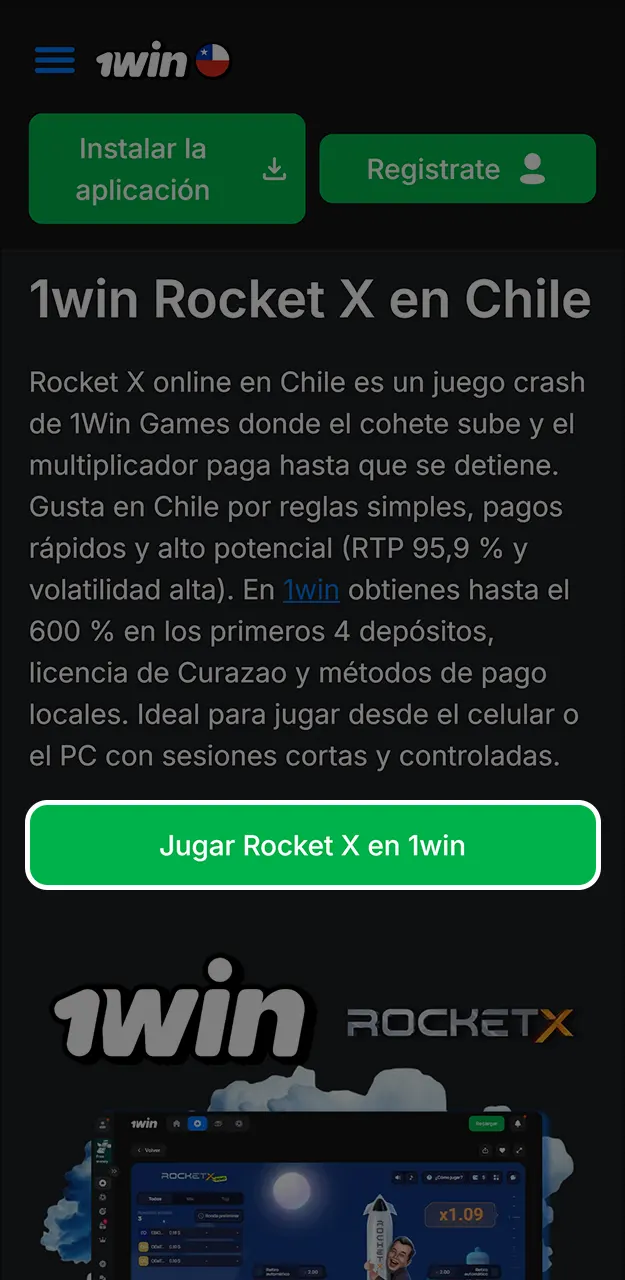 Descarga la aplicación gratuita para acceder rápidamente a Rocket X en 1win.