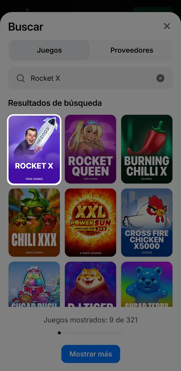 Busca y abre el juego Rocket X después de registrarte en 1win.