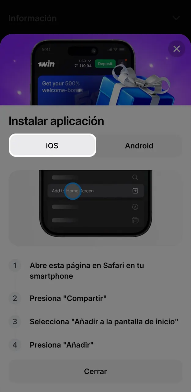 Crea un acceso directo en tu teléfono para acceder al instante a Rocket X en 1win.